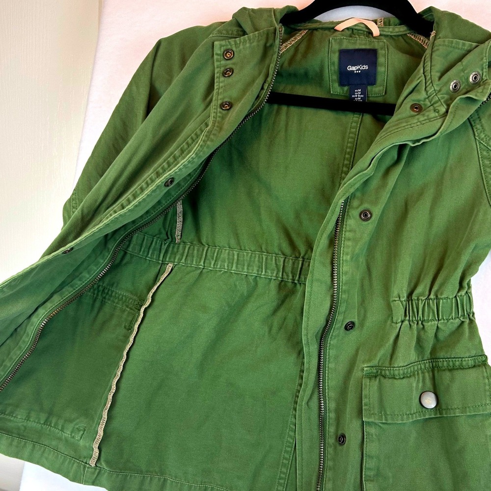 Gap Kids Olive Green Utility Field Jacket Hooded Cotton Twill Girls Size M 8-9Y - Picture 11 of 12